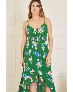 Mela Floral High Low Frill Midi Dress - Green