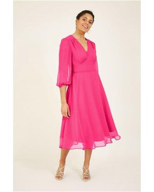 Yumi' Dobby Spot Kimono Midi Dress - Pink