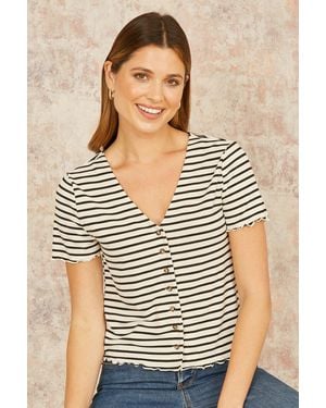 Yumi' Striped Cotton Jersey Lettuce Trim T-Shirt - Brown