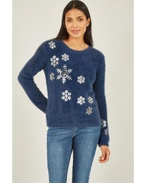 Mela Sequin Snowflake Fluffy Jumper - Blue