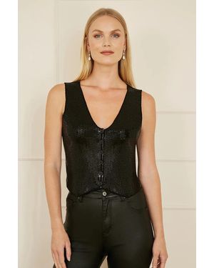 Yumi' Sequin Waistcoat With Knitted Back - Black