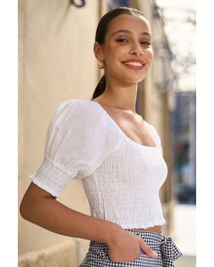 Yumi' Cotton Shirring Puff Sleeve Top - White