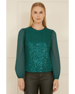 Yumi' Sequin Sheer Sleeve Top - Green