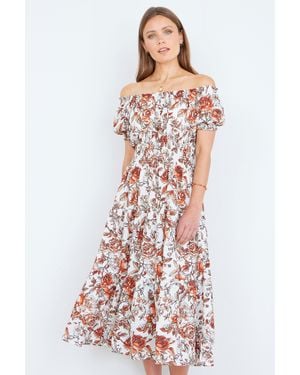 Yumi' Floral Ruched Waist Midi Dress - White