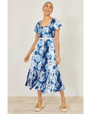 Yumi' Floral Viscose Midi Shirt Dress With Matching Belt - Blue