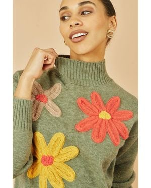 Yumi' Knitted High Neck Jumper With Applique Flowers - Yellow