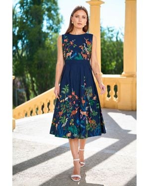 Yumi' Woodland Animal Print Cotton Midi Skater Dress - Blue