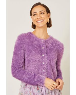Yumi' Eyelash Knit Cropped Cardigan - Purple