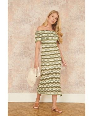 Yumi' Stripe Crochet Knit Bardot Midi Dress - Natural