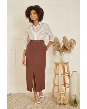 Yumi' Cotton Midi Skirt With Belt And Split Hem - Natural