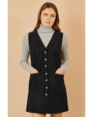 Yumi' Cord Button Through Pinafore Dress With Pockets - Black
