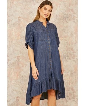 Yumi' Chambray Denim Dip Hem Relaxed Fit Shirt Dress - Blue