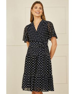 Yumi' Dot Print Mesh Stretch Midi Skater Dress - Black