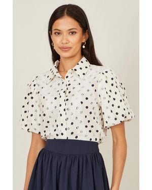 Yumi' Polka Dot Lace Boxy Shirt - White