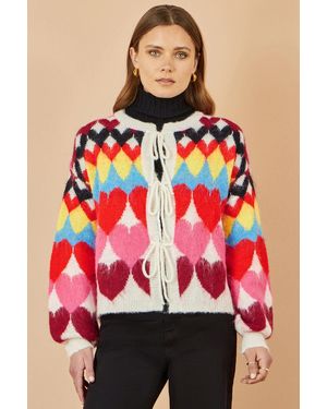 Yumi' Multicolour Tie Front Heart Intarsia Cardigan - Red