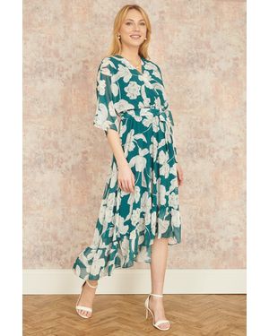 Yumi' Kimono Sleeves Midi Dip Hem Wrap Midi Dress - Blue