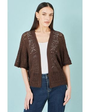 Yumi' Crochet Edge To Edge 3/4 Sleeve Cardigan - Brown
