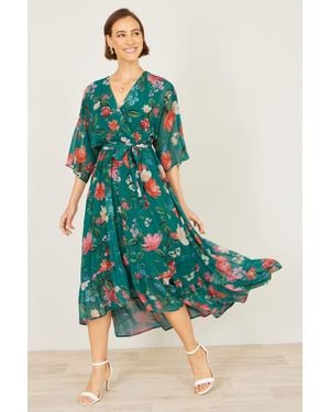 Yumi' Floral Kimono Wrap Dress With Dip Hem - Green