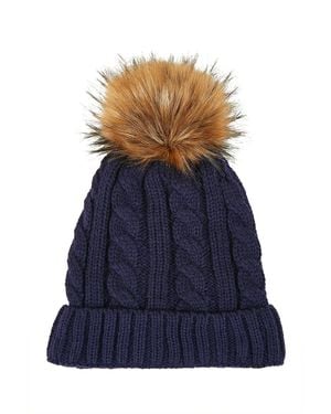 Yumi' Cable Knit Hat With Pom Pom - Blue