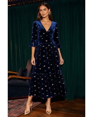 Yumi' Velvet Embroidered Midi Dress - Blue