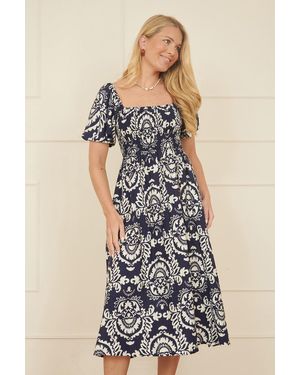 Yumi' Aztec Print Ruched Midi Dress - Blue