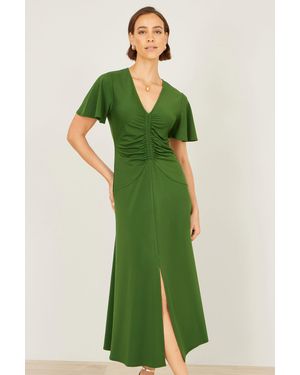 Yumi' Ruched Front Stretch Midi Dress - Green