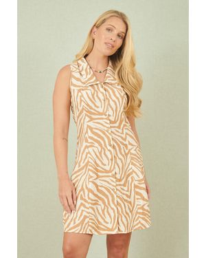 Yumi' Zebra Print Collar Sleeveless Shirt Mini Dress - Natural