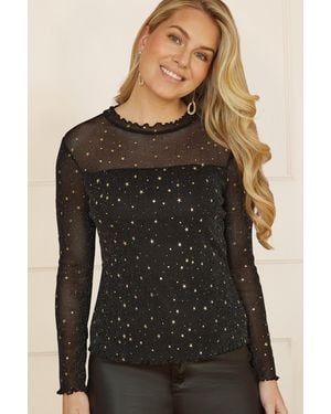 Yumi' Mesh Star Print Long Sleeve Top - Black