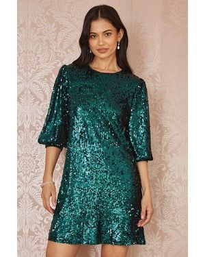 Yumi' Sequin Balloon Sleeve Tunic Mini Dress - Green