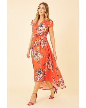 Mela Floral Wrap Dip Hem Dress - Orange