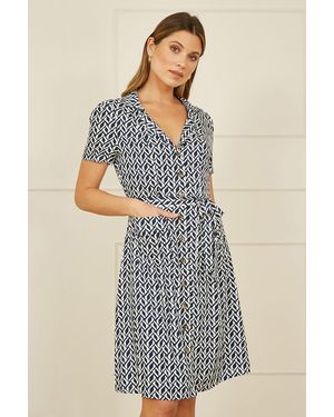 Yumi' Geo Print Retro Style Shirt Dress - Blue