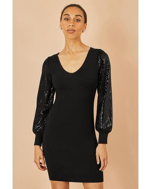 Yumi' Knitted Fitted Dress With Sequin Sleeves - Black
