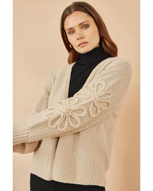 Yumi' Edge To Edge Cardigan With Flower Detail Sleeves - Natural