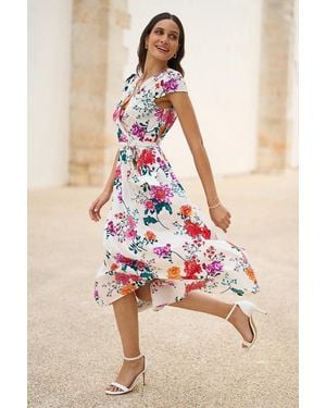 Yumi' Flower Print Wrap Midi Dress - Pink