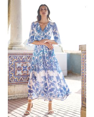 Yumi' Paisley Wrap Maxi Dress With 3/4 Sleeve - Blue