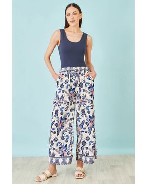 Yumi' Bird Print Viscose Wide Leg Trousers - Blue