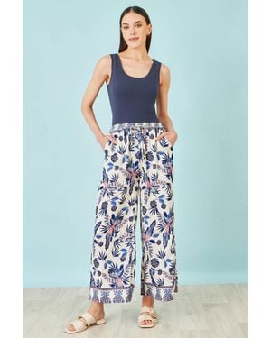 Yumi' Bird Print Viscose Wide Leg Trousers - Blue
