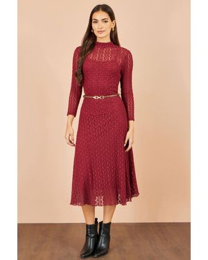 Yumi' High Neck Lace Midi Dress - Red