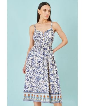 Yumi' Floral Border Print Viscose Midi Sun Dress - Blue