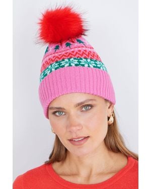 Yumi' Festive Fairisle Hat With Fur Pom Pom - Pink
