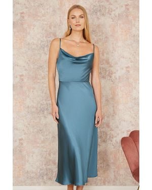 Yumi' Satin Cowl Neck Midi Slip Dress - Blue