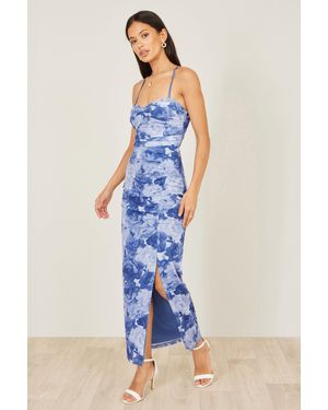 Yumi' Mesh Ruched Midi Dress With Split - Blue