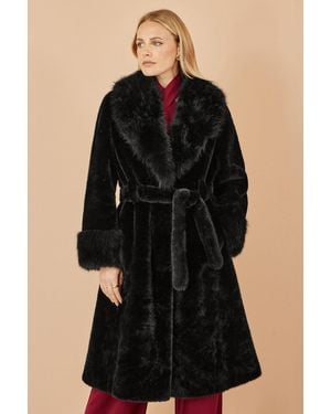 Yumi' Wrap Faux Fur Coat With Oversize Collar - Black