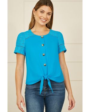 Yumi' Jersey Button Detail T-Shirt With Broderie Anglaise Sleeves And Tie Front - Blue