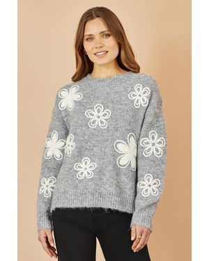 Yumi' Relaxed Jumper With Crochet Flowers - Grey
