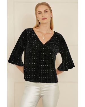 Yumi' Stud Velvet Relaxed Fit Top With Fluted Sleeves - Black
