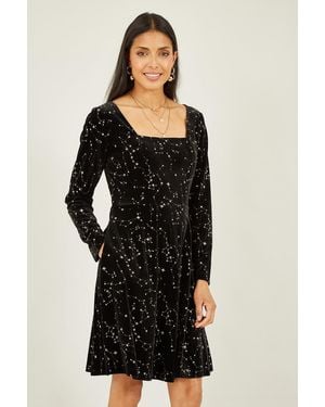 Mela Star Foil Print Long Sleeve Skater Dress - Black