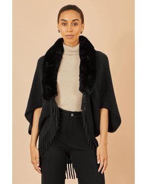 Yumi' Fur Collar Shrug With Tassel Hem - Black