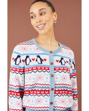 Yumi' Penguin Fairisle Cardigan - White