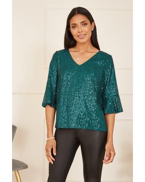 Yumi' Sequin Fluted Sleeve Party Top - Green